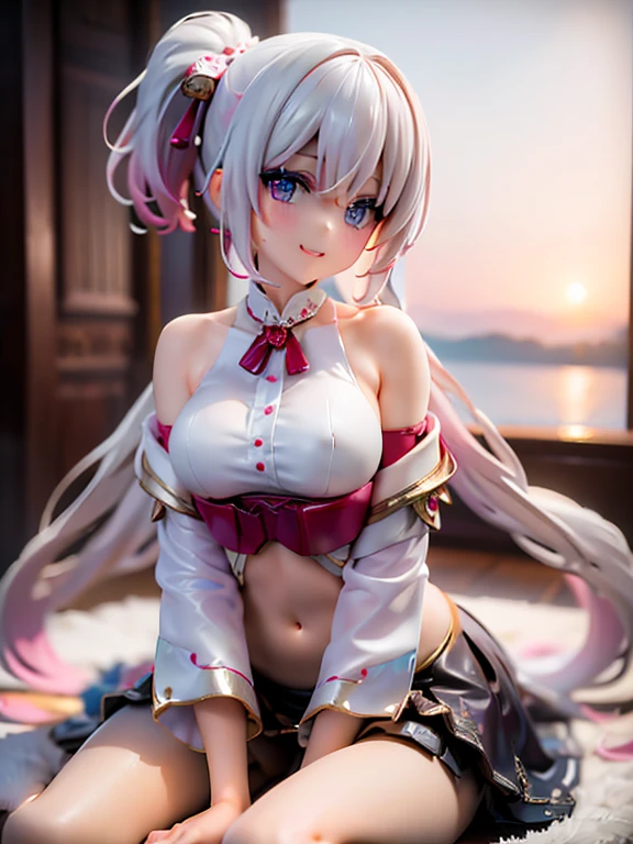 ((masterpiece)), ((best quality)), (ultra-detailed), ((kawaii)), cute, (lovely), ((sexy)), (ero), ((extremely detailed)), 4K, (8K), best quality, (beautiful), in the middle, laboratory, a pretty woman, solo, robot suit, robot, beautiful red hair, beautiful blue eyes, ((beautiful eyes)), white-skinned, long ponytail hair, swept bangs,large breast, smile,parted lips