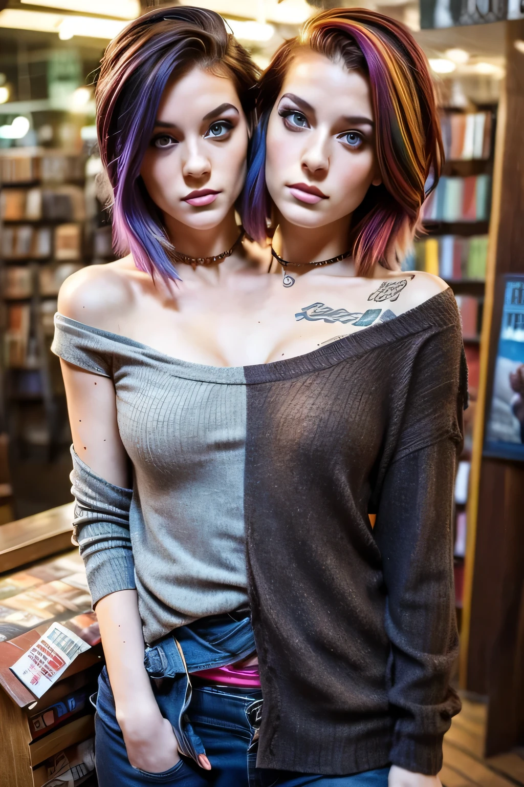2heads, female couple, age 28, two heads on one body, conjoined, one torso, hipsters, multicolored hair, grunge fashion, in bookstore