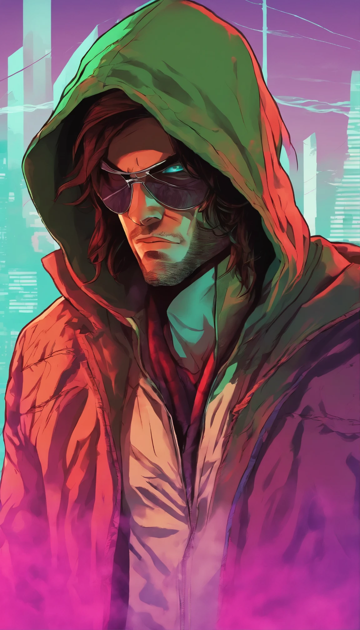 The Young Man in the Hood, strained over the eyes,long wavy hair from under the hood, diffused light,Fog in the background,The style of the game Assassin Creed