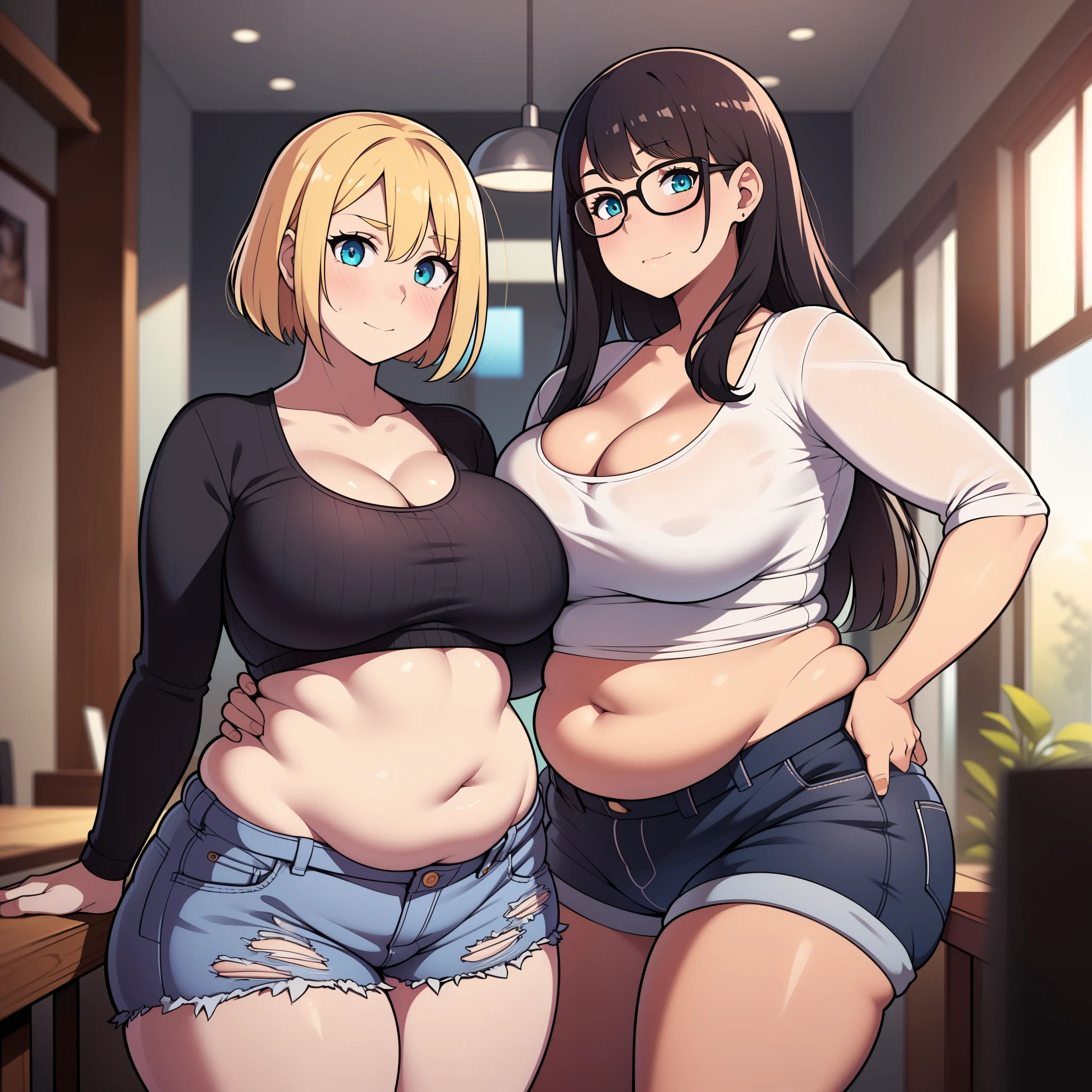 ((highres)), Masterpiece, high quality, best quality, beautiful, perfect lighting, detailed face, ultra cute face, ((2girls)), (blush), one girl has blonde hair, blue eyes, crop top and shorts, one girl has brown hair, green eyes, jeans, white shirt, fast food restaurant, cleavage, medium breasts, ((wide hips)), (thick thighs), ((plump), chubby belly, (belly grab), fat folds, standing next to each other,