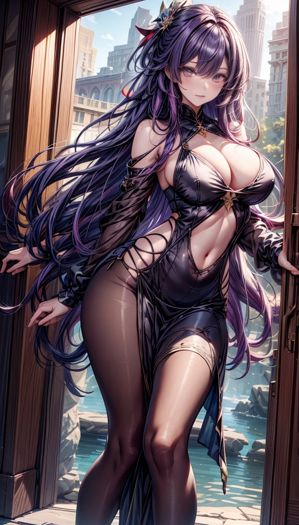 (masterpiece, top quality, best quality, official art, beautiful and aesthetic:1.2),(8k, best quality, masterpiece:1.2), (((masterpiece))),(((best quality))),(((extremely detailed))),illustration,who, (masterpiece, top quality, best quality, official art, beautiful and aesthetic:1.2),(8k, best quality, masterpiece:1.2), (Masterpiece, Best quality, best shadow), (detailed background), Honkai: star rail, Acheron, purple hair, long hair, one eye hidden behind hair, hair over one eye, purple eyes, very long hair, blunt bangs, straight hair, A sexy Asian lady wearing a sweater and pantyhose and high heels has very huge breasts and her hair has gone past her waist is a shiny reddish blue and covers one of her eyes and her glossy plump lips are red she can capture everyone's with her smile and her seductive body the shoot shows her full body