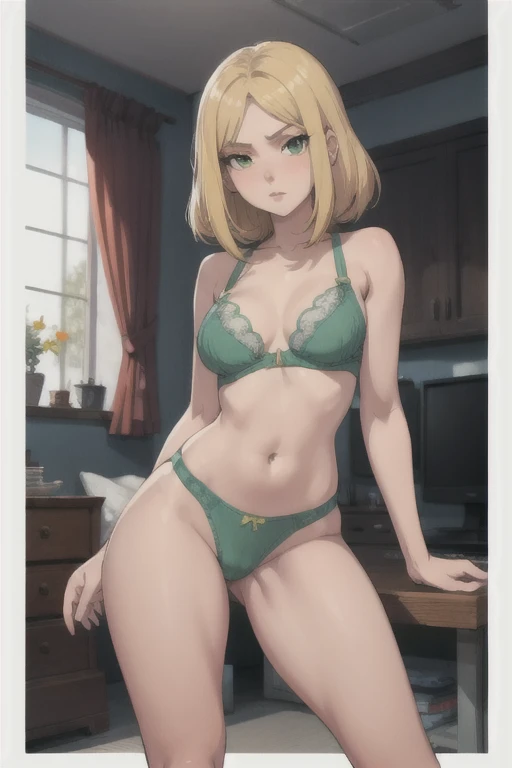 Create an anime girl with green underwear and a landscape of a room who is 20 years old, has que tenga las piernas cruzadas, aumenta un poco mas su pecho