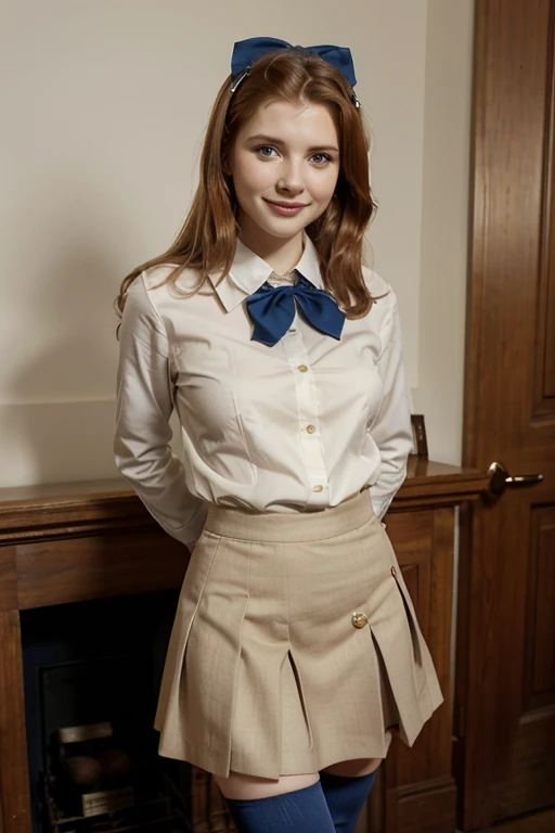 young Riley Andersen, neckline, diaphragm, dressed in sexy , white shirt with button, yellow tie, wide short skirt, long white stockings,