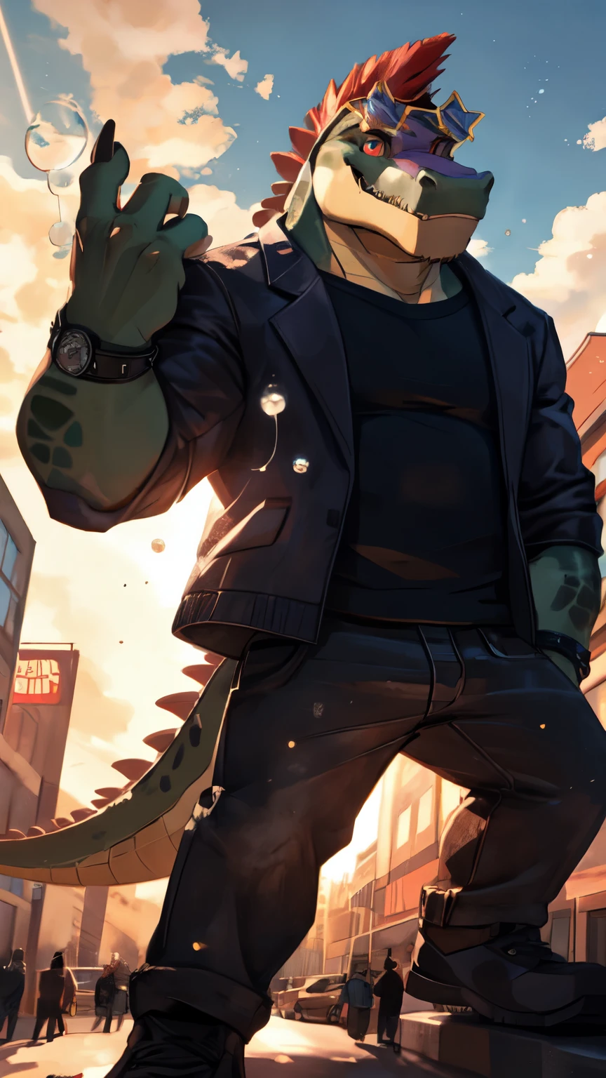 montgomerygator, 1male anthro, 1boy, scalie, muscular, alligator, red mohawk, star sunglasses, crocodile tail, (full body), open purple jacket only, wrist watch, fingerless gloves, sneakers, pants, detailed eyes, red eyes, glowing eyes, glistening eyes, shadows, grin, grinning, glowing light particles, light particles, glowing bubbles, clouds, afternoon, sunlight, sunrays, lens reflections, macro