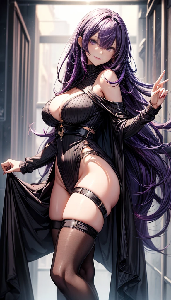(masterpiece, top quality, best quality, official art, beautiful and aesthetic:1.2),(8k, best quality, masterpiece:1.2), (((masterpiece))),(((best quality))),(((extremely detailed))),illustration,who, (masterpiece, top quality, best quality, official art, beautiful and aesthetic:1.2),(8k, best quality, masterpiece:1.2), (Masterpiece, Best quality, best shadow), (detailed background), Honkai: star rail, Acheron, purple hair, long hair, one eye hidden behind hair, hair over one eye, purple eyes, very long hair, blunt bangs, straight hair, A sexy Asian lady wearing a sweater and pantyhose and high heels has very huge breasts and her hair has gone past her waist is a shiny reddish blue and covers one of her eyes and her glossy plump lips are red she can capture everyone's with her smile and her seductive body the shoot shows her full body