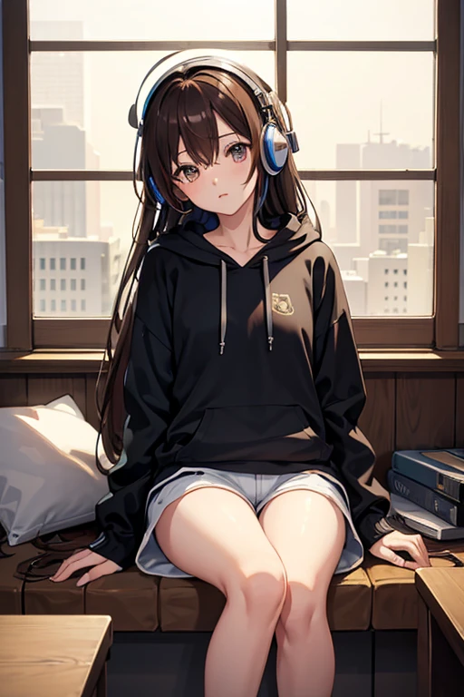 masterpiece, highest quality, High resolution,Anime Style、Brown Hair、long、Headphones on neck、Bukabuka hoodie、Shorts、Window、
