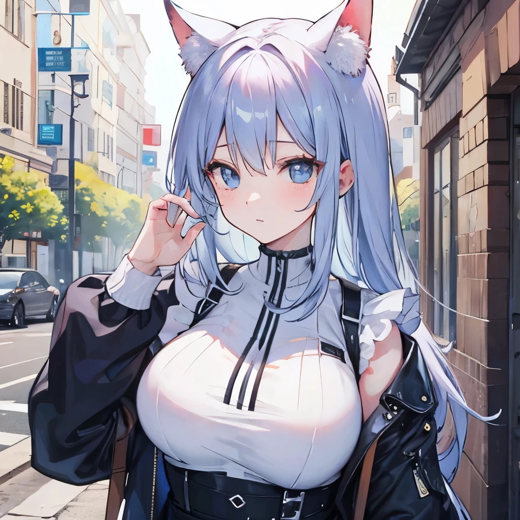 Arknights art style, arknights world,cat girl,cat ears,tail fluffy,short hair,white hair,green eyes,big breast,beautifull thighs,busty body,thick body,matute female body,wearing a unzipped blue jacket,black shorts,white t shirt,
