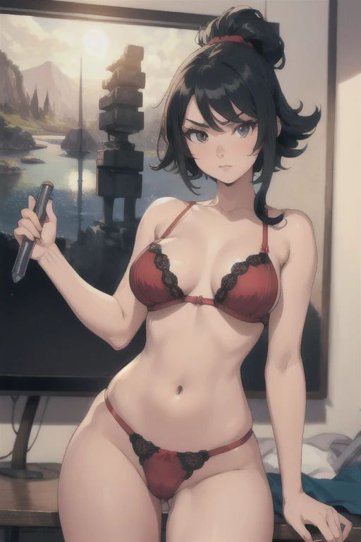 Create an anime girl with red underwear and a landscape of a room who is 20 years old, has que tenga las piernas cruzadas, aumenta un poco mas su pecho, agregale sudor en su cuerpo