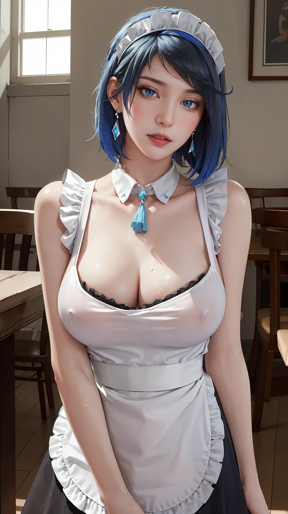 ((((masterpiece, best quality, high resolution)))), Extremely detailed 8K, Beautiful girl with voluptuous body, (Ultra HD, Ultra-detailed, Highly detailed, Highly realistic, Ultra-realistic, photograph realistic), (1girl:1.5), (Realistic blue hair), (short wavy hair, hair ornaments, earrings), (dynamic poses), facing at camera, looking at viewer, (blushing red, embarrassed), (blue eyes, sharp eyes), (big perky breasts:1.2), (beautiful detailed face, beautiful detailed eyes), ((maid outfit, maid apron, maid headband)), (standing up), sweat, glow, (sunbeam, sunlight), ((cowboy shot)), coffee shop, seductive