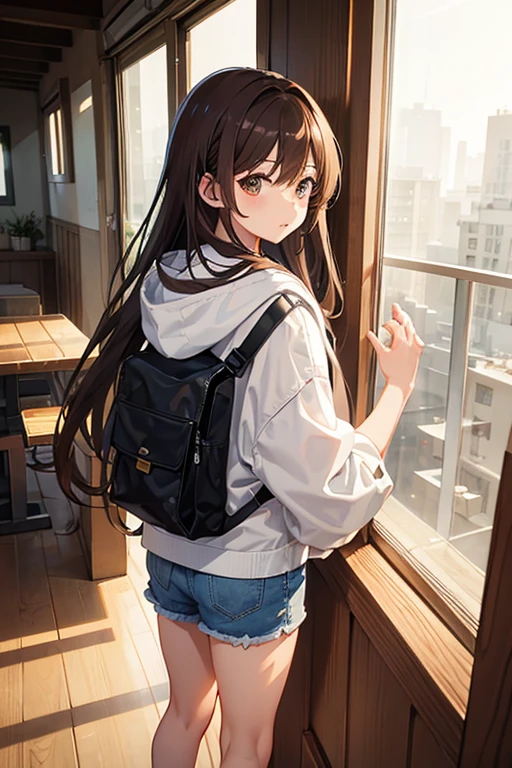 masterpiece, highest quality, High resolution，Anime Style、Brown Hair、long、Headphones on neck、Bukabuka hoodie、Shorts、Standing by the window