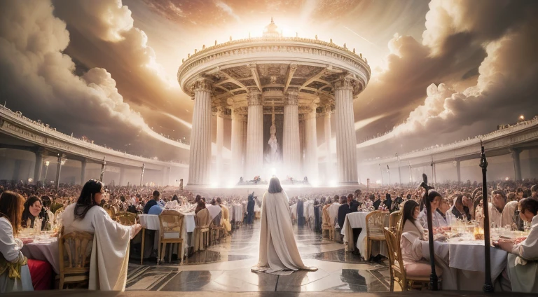 A stunning image depicting the Last Judgment scenario, conforme descrito em Apocalipse 20:11. O trono branco onde Jesus se senta se destaca no centro da cena, surrounded by white clouds and lightning, simbolizando a majestade divina. Powerful angels are present, assistindo solenemente a abertura dos livros, representing records of each individual&#39;s actions. an incalculable crowd of people, aguardando seu destino eterno. The atmosphere is one of reverence and admiration at the divine justice that will be established.