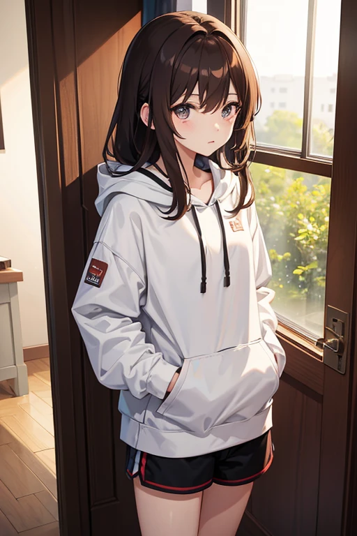 masterpiece, highest quality, High resolution,Anime Style、Brown Hair、long、Headphones on neck、Bukabuka hoodie、Shorts、Standing by the window