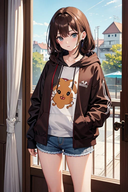 masterpiece, highest quality, High resolution,Anime Style、Brown Hair、long、Headphones on neck、Bukabuka hoodie、Shorts、Standing by the window