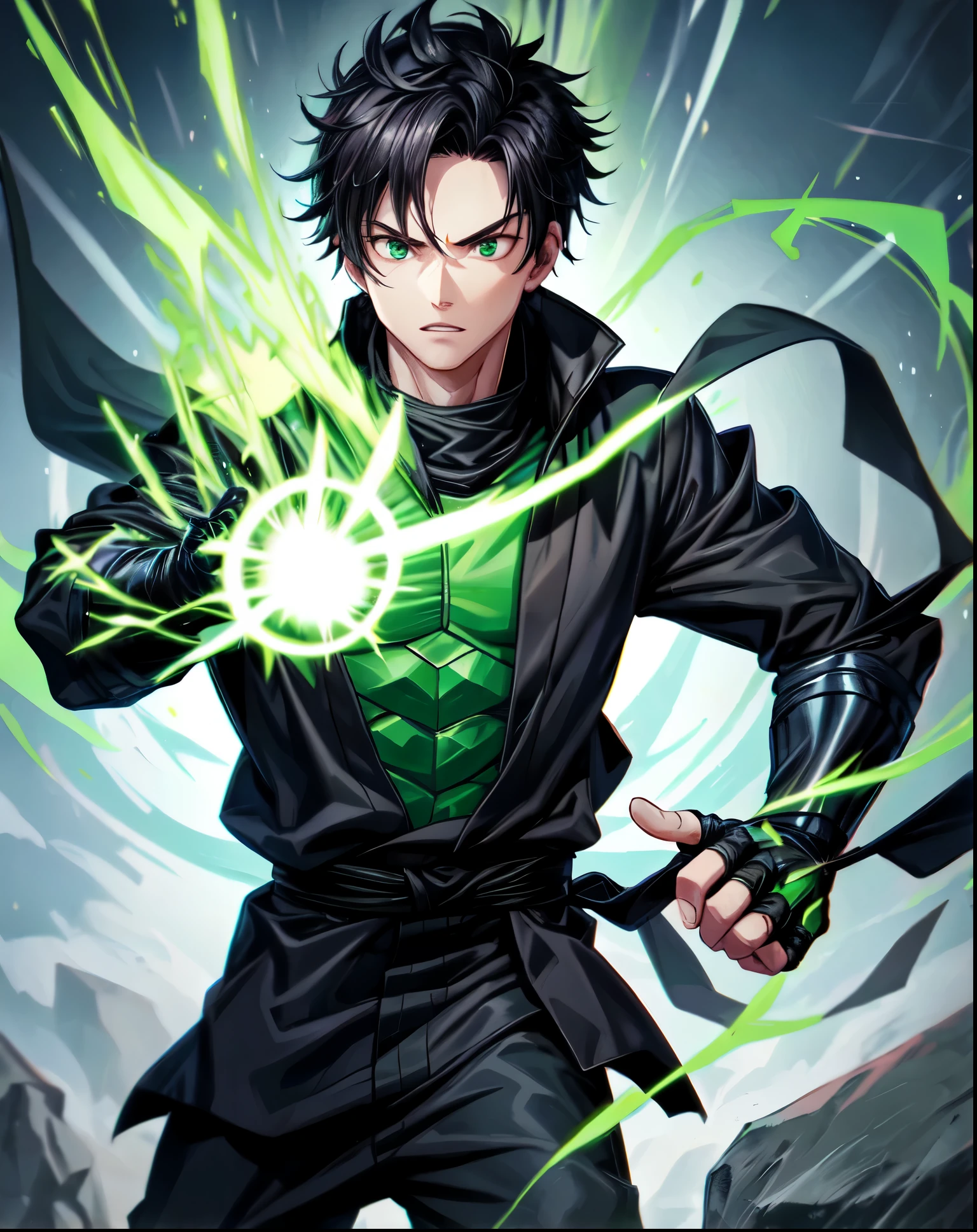 Boy in black Ninja coat using green Fire Powers in his hand. One night