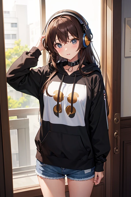 masterpiece, highest quality, High resolution,Anime Style、Brown Hair、long、Put headphones on your neck、Bukabuka hoodie、Shorts、Standing by the window、Big Breasts