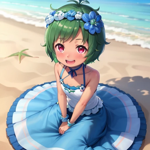 best quality, 4k, ((masterpiece)), extremely detailed, 8k, trending on ArtStation, Intricate, High Detail, Sharp focus, 1girl, solo, short hair, green hair, open mouth, dress, smile, head wreath, blush, day, yellow swimsuit, :d,dark-skinned female, midriff, navel, red eyes, small breasts, sitting, looking at viewer, smile, full body, adorable, blush, shy, beach, sand, shade, ocean,
