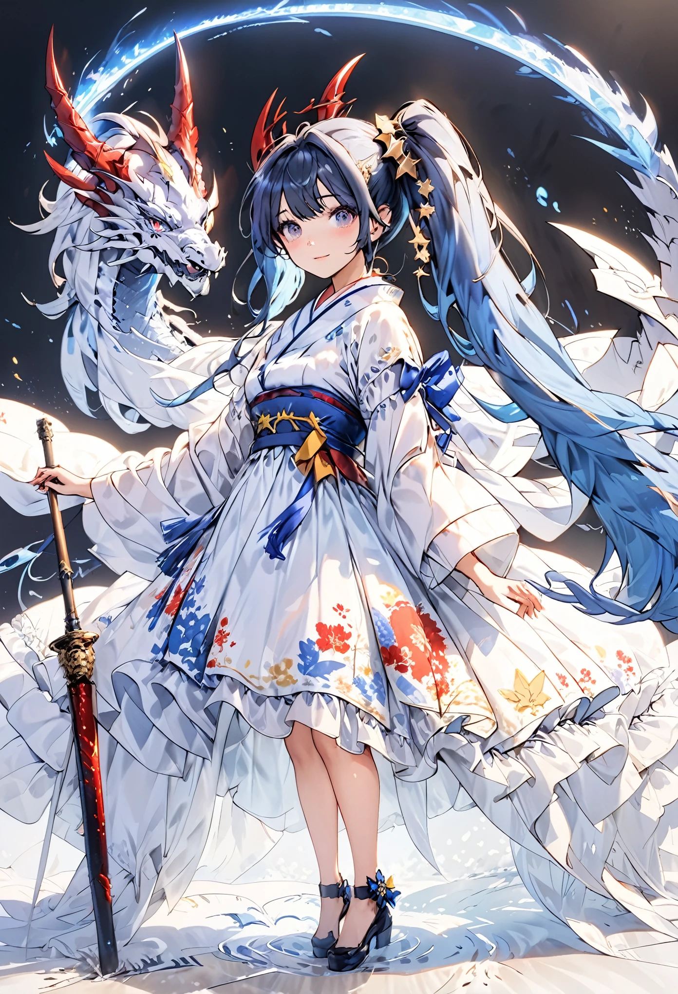 score_9, score_8_up, score_7_up, best quality ,masterpiece, 4k, Japanese anime, 1girl, blue hair, (side ponytail:1.5),giant blue ribbon, (mechanical dragonhorn:1.1), (eye lashes:1.3), (eye shadow:1.3),blue eyes, (beautiful detailed eyes:1.4), laugh, 160cm tall, original character, fantasy, (black background:1.2), (full body:1.8), beautiful fingers, standing, (black orange-colored lace frill armor dress:1.5),(GOLD STAR accessory:1.5) (mechanical headgear:1.1) ,axe to grind, shoot from front, looking at viewer
