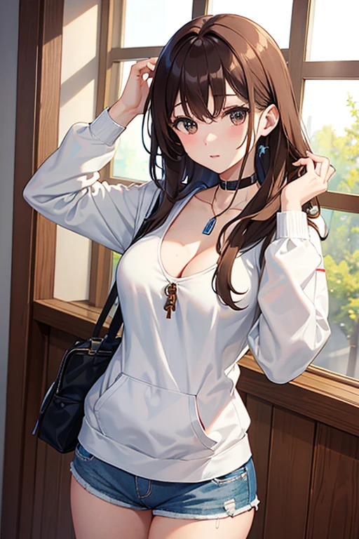 masterpiece, highest quality, High resolution,Anime Style、Brown Hair、long、Put headphones on your neck、Bukabuka hoodie、Shorts、Standing by the window、Big Breasts、From neck to cleavage