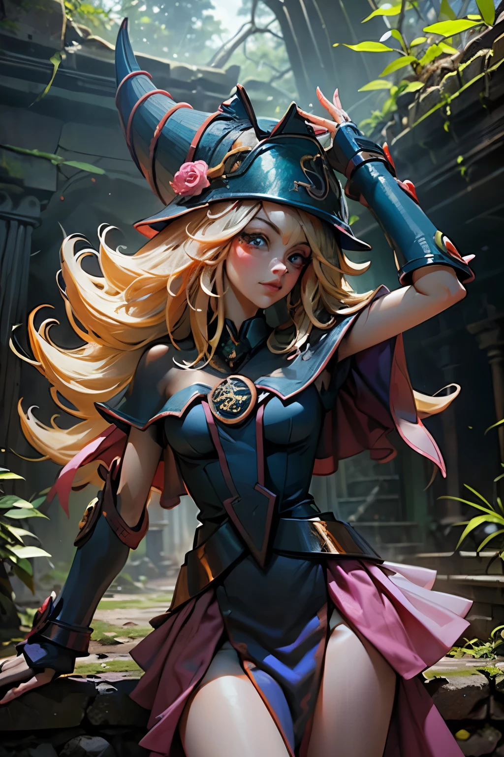 Ave quetzal en el pecho de dark magician gils. Rodeadas de ruinas MAYAS. Ella tiene cabello rubio y largo. Ojos azules. Labios rojos. El aves es de color verde y en el pecho rojo.  It is in the middle of the Mayan ruins in the jungle. Pose sexy.