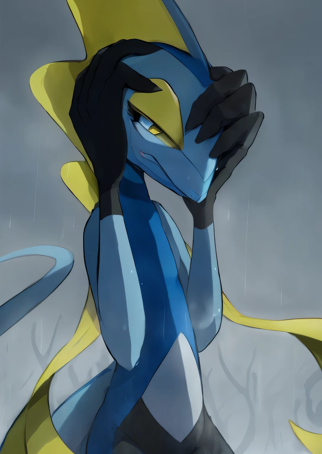 there is a cartoon of a woman with a blue and yellow outfit, sad cerulean eyes, portrait of zeraora, rain!!!!, lucario, rain! storm, some yellow and blue, sassy pose, fan art, portrait of lucario, high res, full res, gloomy, concerned, sad!, very sad, lucario from pokemon