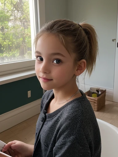 small young girl, ponytail, blonde, dark brown eyes, smirk, bath, curious, imperfections, phone photo style, 10 year old, modern, living room, top down