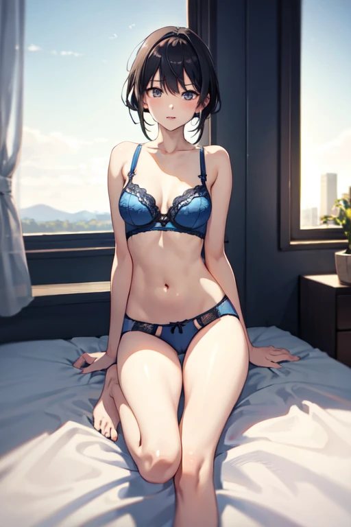 Create an anime girl with blue underwear and a landscape of a room who is 20 years old, has que tenga las piernas cruzadas, aumenta un poco mas su pecho, agregale  sudor en su cuerpo, puedes ponerla sentada en la cama