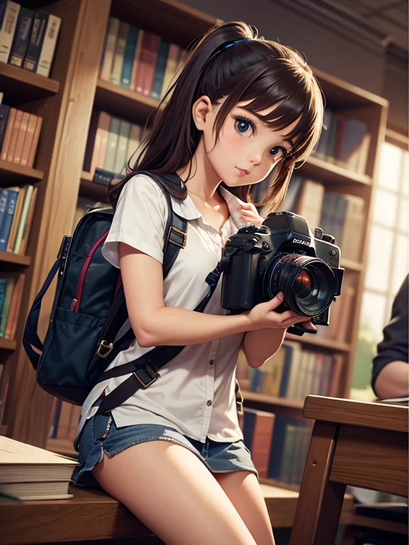 poster beaitiful and cute girl wearing book and camera at the library