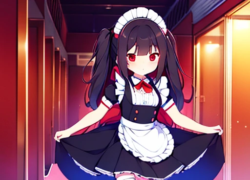 A beautiful masterpiece in amazing quality 8k、Perfect Anatomy、One Girl、Black Hair、Red Eye、Black maid uniform with short skirt、White and white stockings、red detail、Small breasts、A neon-lit residence