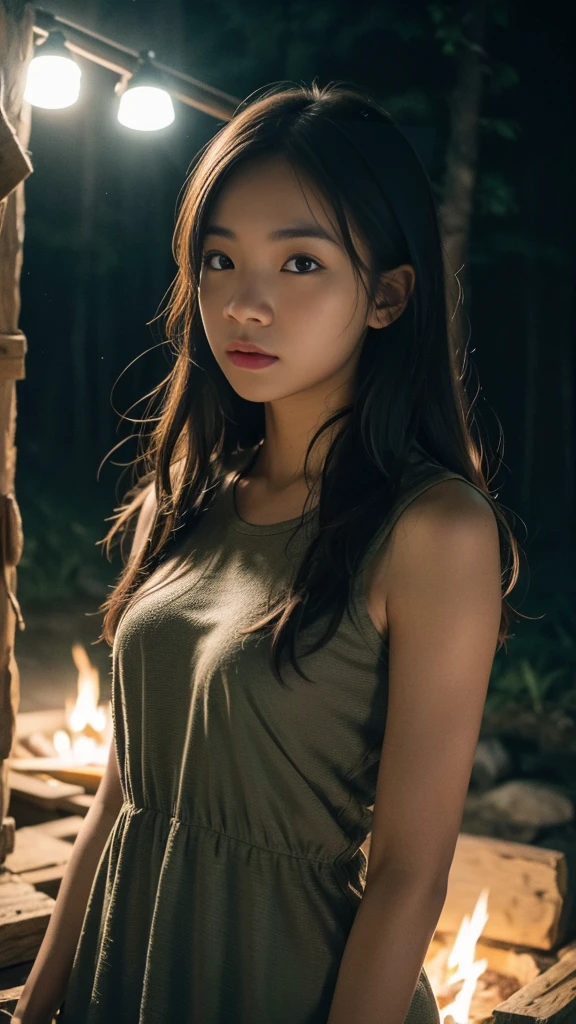 beautiful girl, with Mongolian features but fine features, shaman, around the fire, on a full moon night, in the middle of a forest dancing shamanic rites with bare feet