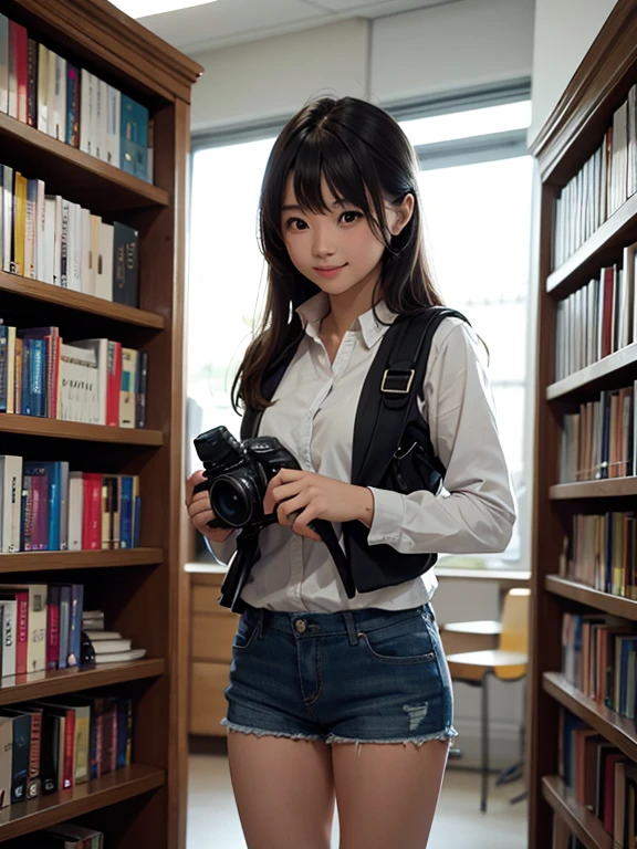 poster beaitiful and cute girl wearing book and camera at the library