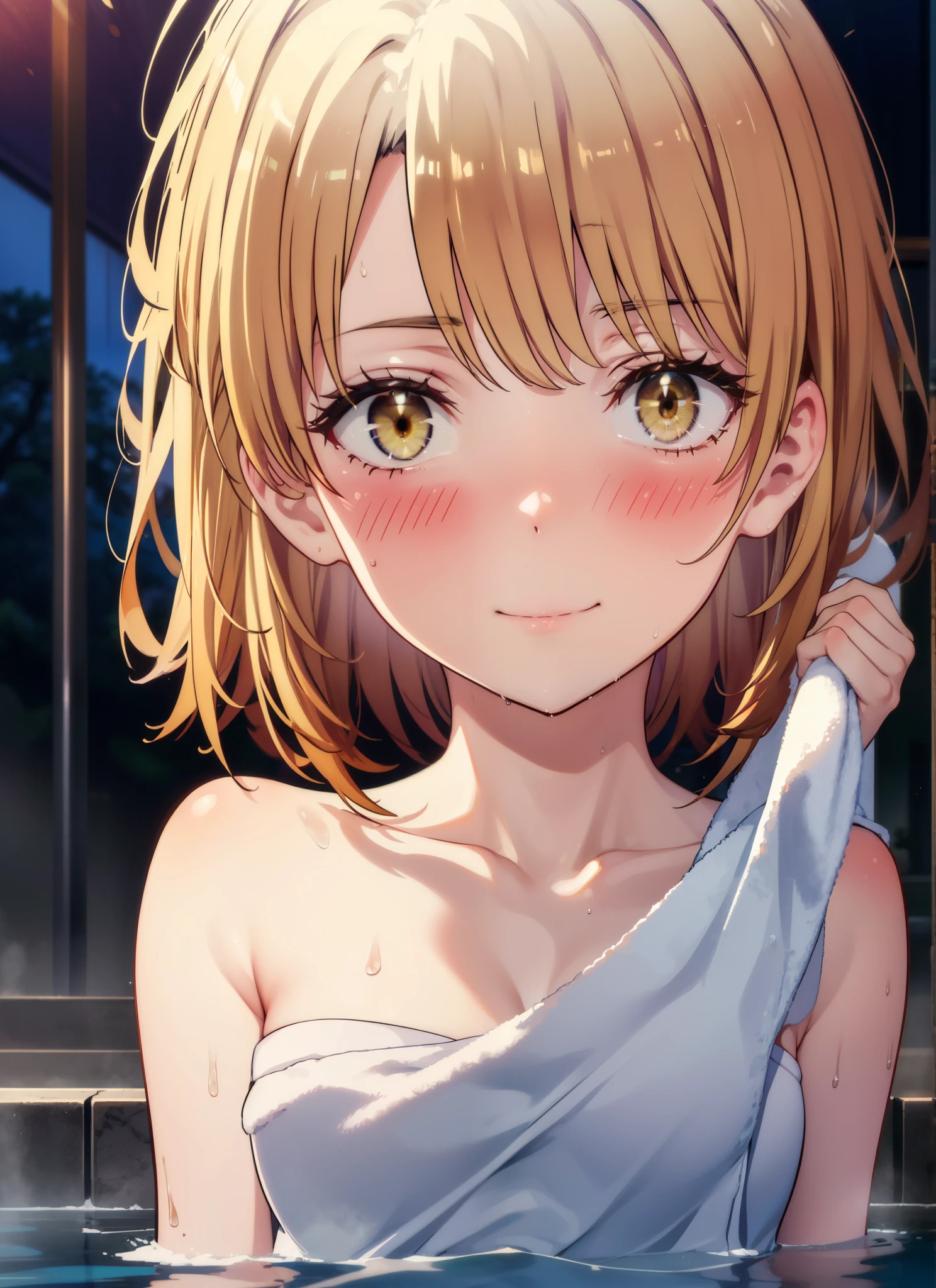 irohaisshiki, iroha isshiki, short hair, Brown Hair, (Brown eyes:1.5),Medium chest,Naked Towel,
blush,smile, Wet Hair,Wet towel,Wet Naked,Open your mouth,Damp Hair,Completely naked,barefoot,Cover 1&#39;Naked body wrapped in a bath towel,moon光,night,moon,whole bodyがイラストに入るように,Open-air bathから白い煙ががでている,hot water,
break outdoors, Open-air bath,
break looking at viewer, whole body,
break (masterpiece:1.2), highest quality, High resolution, unity 8k wallpaper, (shape:0.8), (Beautiful details:1.6), Highly detailed face, Perfect lighting, Extremely detailed CG, (Perfect hands, Perfect Anatomy),