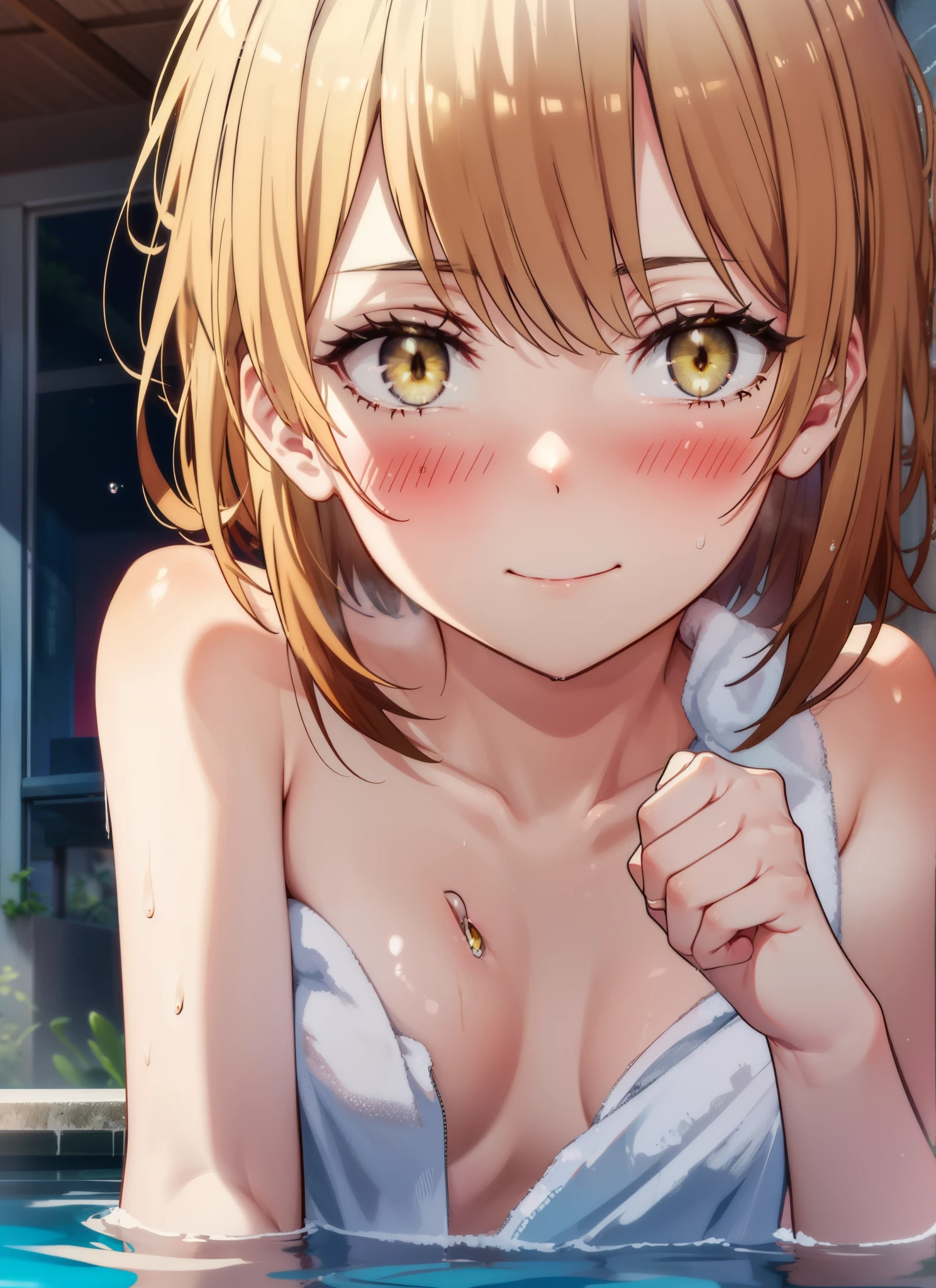 irohaisshiki, iroha isshiki, short hair, Brown Hair, (Brown eyes:1.5),Medium chest,Naked Towel,
blush,smile, Wet Hair,Wet towel,Wet Naked,Open your mouth,Damp Hair,Completely naked,barefoot,Cover 1'Naked body wrapped in a bath towel,moon光,night,moon,whole bodyがイラストに入るように,Open-air bathから白い煙ががでている,hot water,
break outdoors, Open-air bath,
break looking at viewer, whole body,
break (masterpiece:1.2), highest quality, High resolution, unity 8k wallpaper, (shape:0.8), (Beautiful details:1.6), Highly detailed face, Perfect lighting, Extremely detailed CG, (Perfect hands, Perfect Anatomy),
