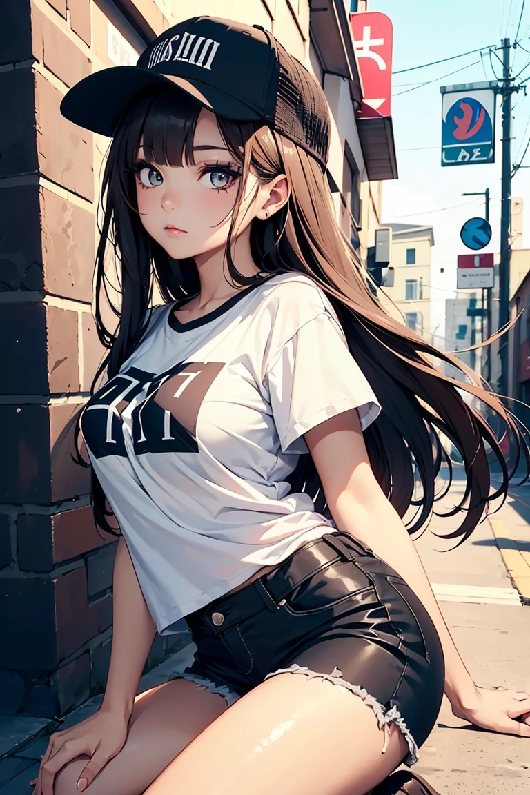 ((1 girl)),Rough poses, (Crouch down), Droopy eyes, (Punk makeup),赤いeye shadow, (Too big T-shirt),Shorts, Trucker Cap, warm, Black Fashion , Shorts, Cowboy Shot,((Very detailed,highest quality, High resolution, Apathy, 8k wallpaper, Beautiful clothes,)),クリーム色のLong Hair, Long Hair,Straight Hair, eye shadow, eyeliner,Glow Eye, Very detailedな目, Beautiful Eyes, (Sparkling brown eyes),16-year-old girl