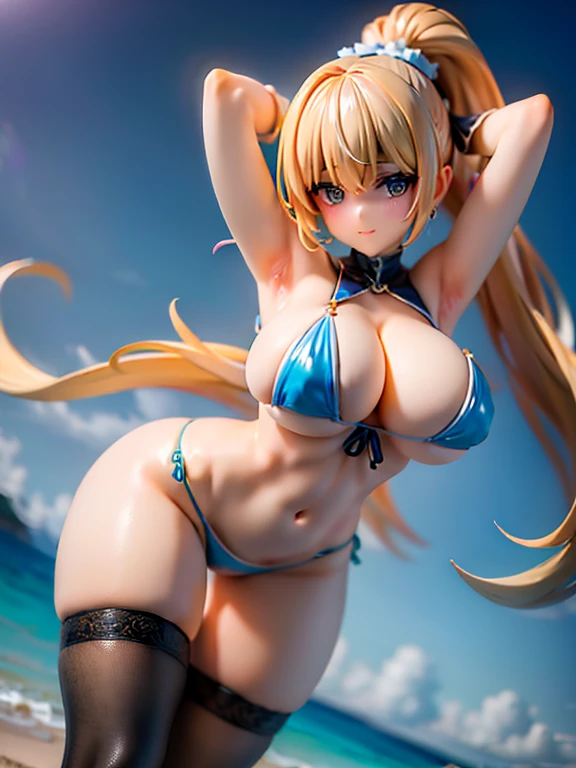 ((masterpiece)), ((best quality)), (ultra-detailed), ((kawaii)), cute, (lovely), ((sexy)), (ero), ((extremely detailed)), 4K, (8K), best quality, (beautiful), in the middle, beach, daytime, summer, a pretty woman, solo, blue micro-bikini, beautiful black hair, beautiful brown eyes, ((beautiful eyes)), white-skinned, long ponytail,swept bangs, large breast, arms behind head,arms up,smile,parted lips