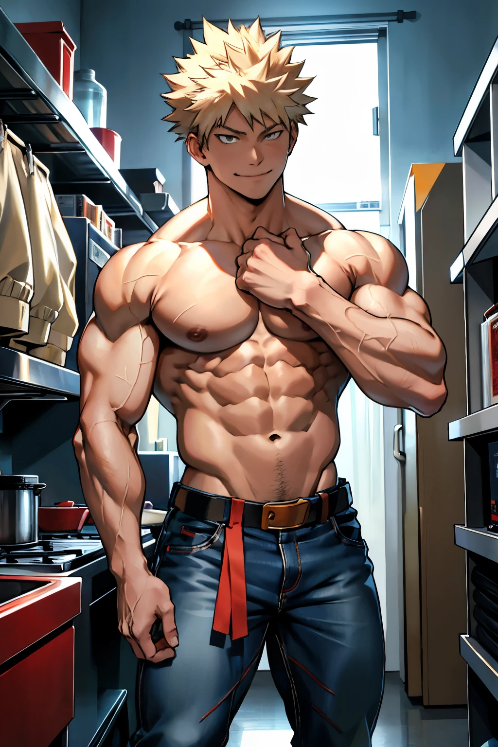 Katsuki Bakugo from Boku No Hero Academia, wearing blue jeans with brown belt, smug smile, bodybuilder, defined body, shirtless, abs, big legs, white empty room, sexy, posing and flexing his triceps like a bodybuilder