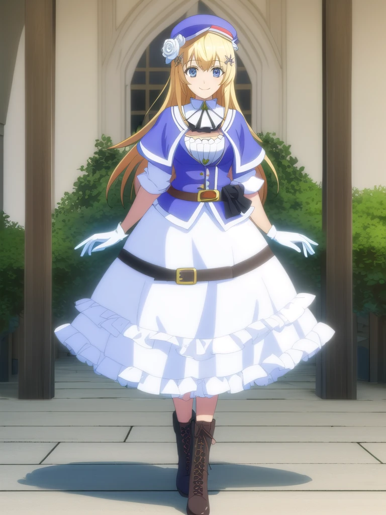 ((Best quality))), ((Ultra-detailed)), ((illustration)), ((Disheveled hair)), ((frilld)), (1 girl), (Solo),,1girl, flower, hat, rose, solo, standing, white_rose, rating:safe, belt, black_footwear, blonde_hair, blue_dress, blue_eyes, blue_hat, blue_headwear, boots, borzoi, clothing, cross-laced_footwear, dog, dress, female, female_only, footwear, gloves, hat_flower, headwear, long_hair, looking_at_viewer, makaria, smile, white_gloves