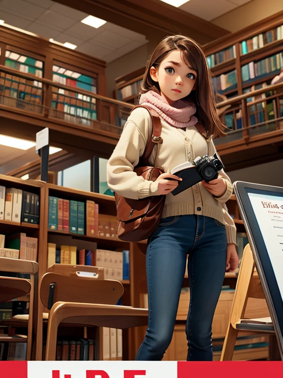 poster beaitiful and cute girl wearing book and camera at the library