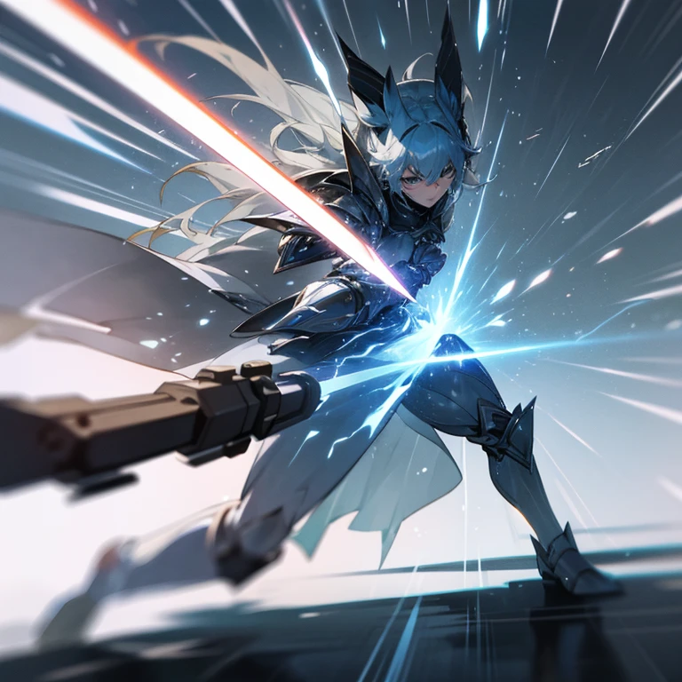 A scene where he runs like a bullet、forward leaning posture、Sword with particle effects,Super beautiful girl、Sprint、Desperate look、Wind Effects、Very detailed、Light Armor、Ultimate Cute、Ultimate quality、Ultimate Original、Front cut、Air trembling particle effect、(dynamic:2)