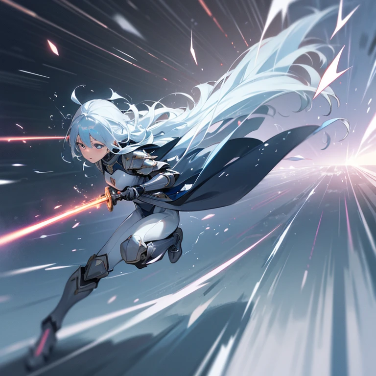 A scene where he runs like a bullet、forward leaning posture、Sword with particle effects,Super beautiful girl、Sprint、Desperate look、Wind Effects、Very detailed、Light Armor、Ultimate Cute、Ultimate quality、Ultimate Original、Front cut、Air trembling particle effect、(dynamic:2)