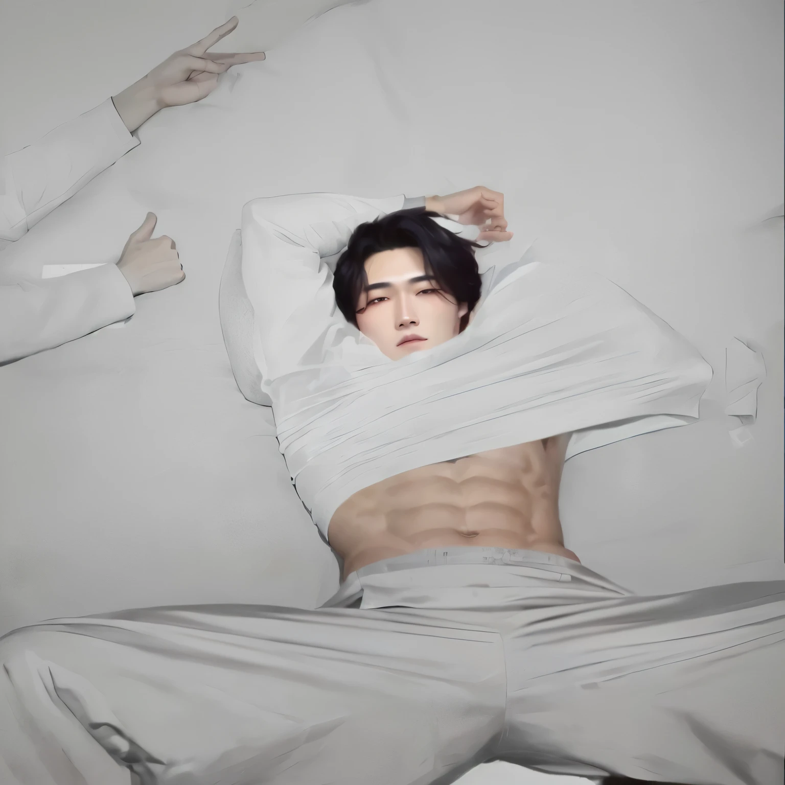 hay un hombre acostado en una cama con las manos en las caderas, inspirado en jeonseok lee, cai xukun, con abdominales, xqc, kim taejin, inspirado en Kim Deuk-sin, inspirado en Yanjun Cheng, hyperrealistic aesthetic, artista coreano, aesthetic jinyoung pimple, inspirado en Gang Se-hwang, [ abdominales firmemente definidos ]!!