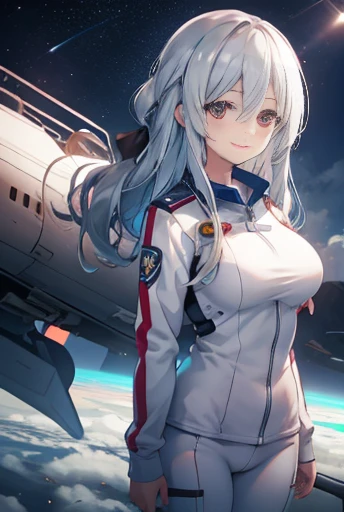  1 Female,Adult,Large Breasts,Age 25,Gray Hair, Medium Hair, Astronaut Uniform, Are standing, Half-body photo, Red eyes, bangs, smile