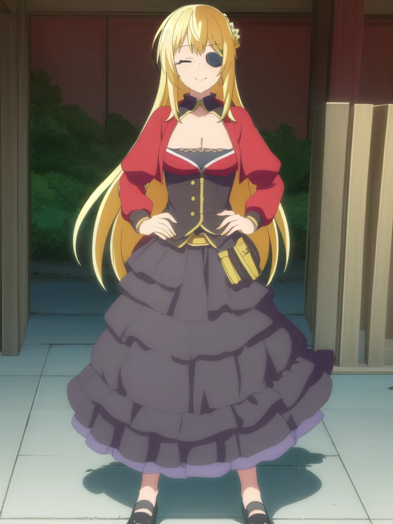 ((Best quality))), ((Ultra-detailed)), ((illustration)), ((Disheveled hair)), ((frilld)), (1 girl), (Solo),,1girl, hand_on_hip, solo, rating:safe, black_footwear, blonde_hair, blue_eyes, breasts, cleavage, clothes_pull, clothing, dress, dress_lift, dress_pull, eyepatch, female, female_only, flower, long_hair, looking_at_viewer, makaria, motion_blur, one_eye_closed, red_dress, skirt, skirt_lift, skirt_pull, small_breasts, smile, standing, weapon, whip, wink