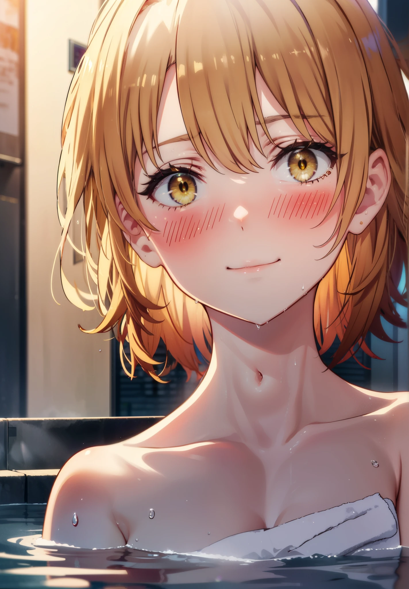 irohaisshiki, iroha isshiki, short hair, Brown Hair, (Brown eyes:1.5),Medium chest,Naked Towel,
blush,smile, Wet Hair,Wet towel,Wet Naked,Open your mouth,Damp Hair,Completely naked,barefoot,Cover 1&#39;Naked body wrapped in a bath towel,moon光,night,moon,whole bodyがイラストに入るように,Open-air bathから白い煙ががでている,hot water,
break outdoors, Open-air bath,
break looking at viewer, whole body,
break (masterpiece:1.2), highest quality, High resolution, unity 8k wallpaper, (shape:0.8), (Beautiful details:1.6), Highly detailed face, Perfect lighting, Extremely detailed CG, (Perfect hands, Perfect Anatomy),