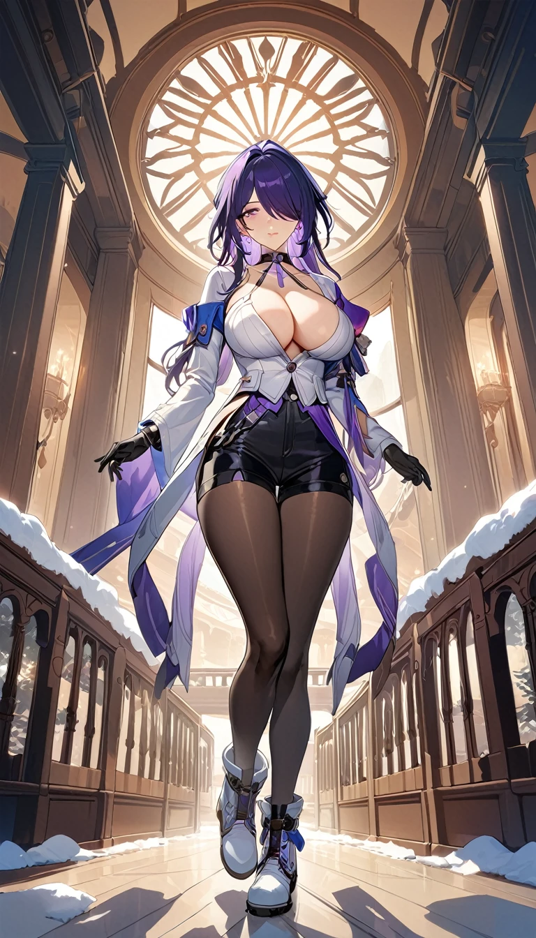 (masterpiece, top quality, best quality, official art, beautiful and aesthetic:1.2),(8k, best quality, masterpiece:1.2), (((masterpiece))),(((best quality))),(((extremely detailed))),illustration,who, (masterpiece, top quality, best quality, official art, beautiful and aesthetic:1.2),(8k, best quality, masterpiece:1.2), (Masterpiece, Best quality, best shadow), (detailed background), 1girl, One, girl, Honkai: star rail, Acheron, purple hair, long hair, shorts, one eye hidden behind hair, hair over one eye, purple eyes, White wool sweater、a miniskirt、Black thick pantyhose、Snow boots、beautiful thigh、big breasts thin waist