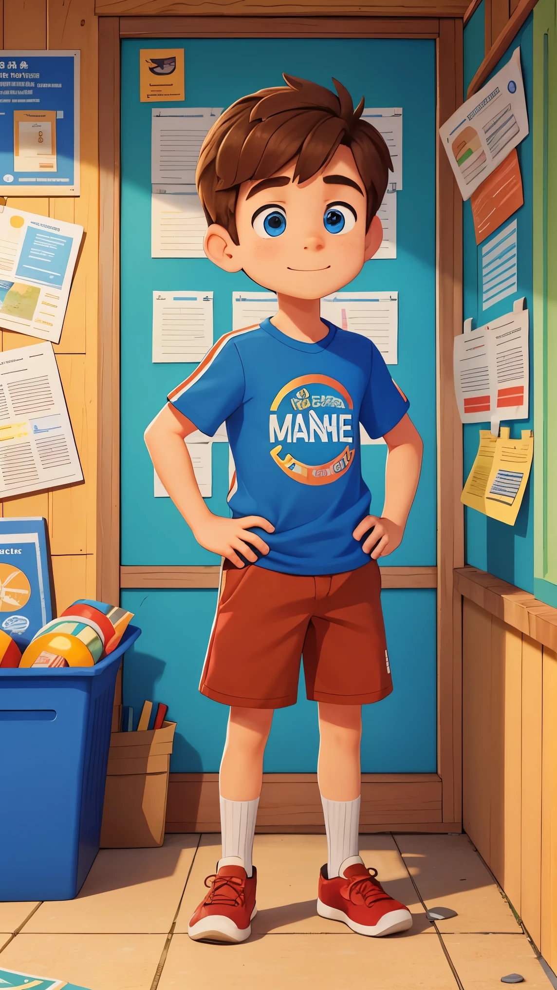A young boy, Sam, with short brown hair and bright blue eyes, stands in front of a community bulletin board. He has a hopeful expression on his face as he looks at a colorful poster advertising the village marathon. Sam is wearing a red t-shirt, blue shorts, and worn-out running shoes. The bulletin board is made of cork and covered with various notices, but the marathon poster, featuring vibrant images of runners and a big "Annual Village Marathon" title, stands out prominently.