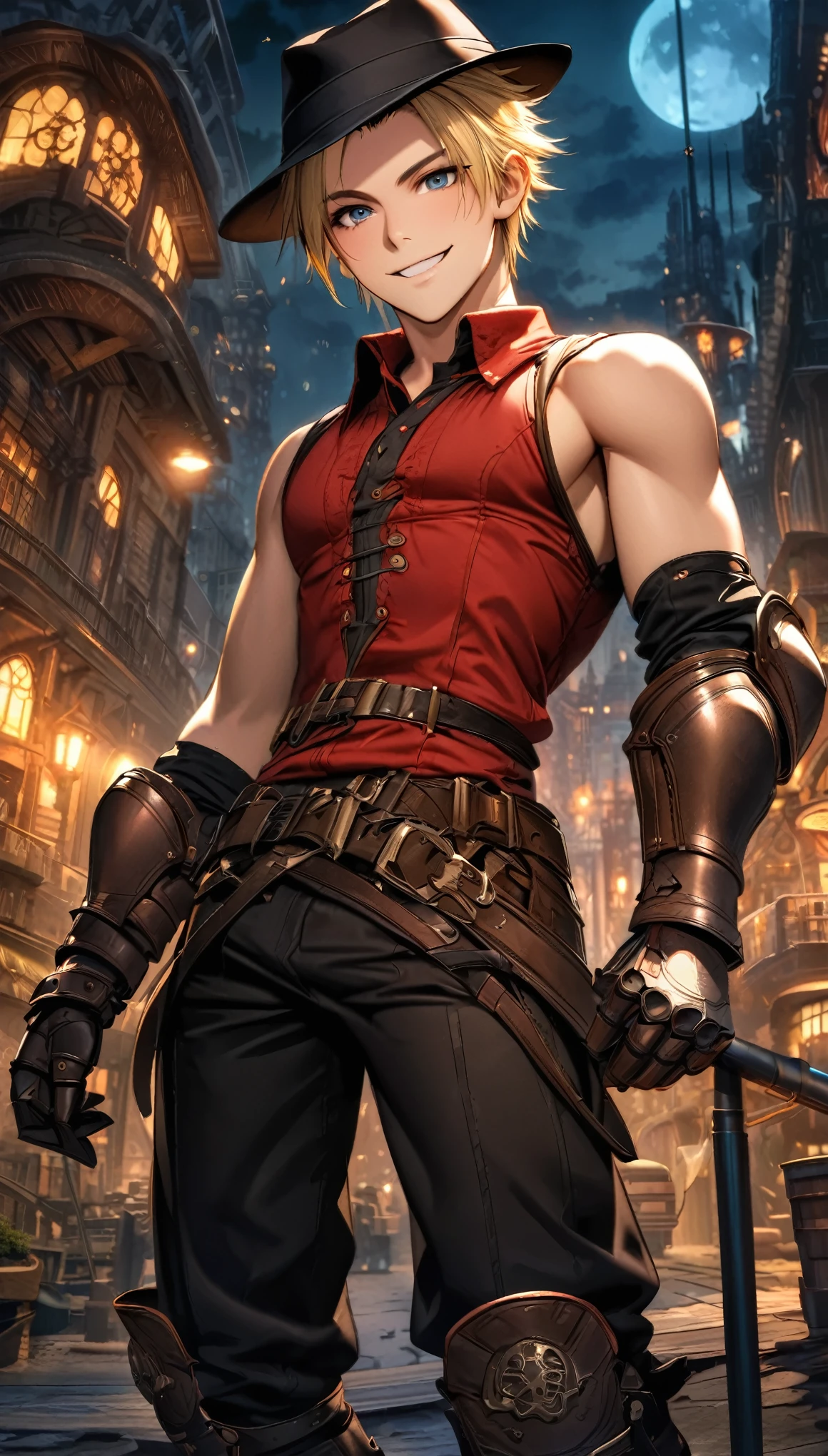 Ultra detailed, Highres, absurdres, HDR, Solo male, 24 years old, Final Fantasy, steampunk city background, night time, smiling, short blonde hair, ((wearing a black fedora)), ((red sleeveless shirt)), elbow pads, gauntlets, black pants, kneepads, visible forehead