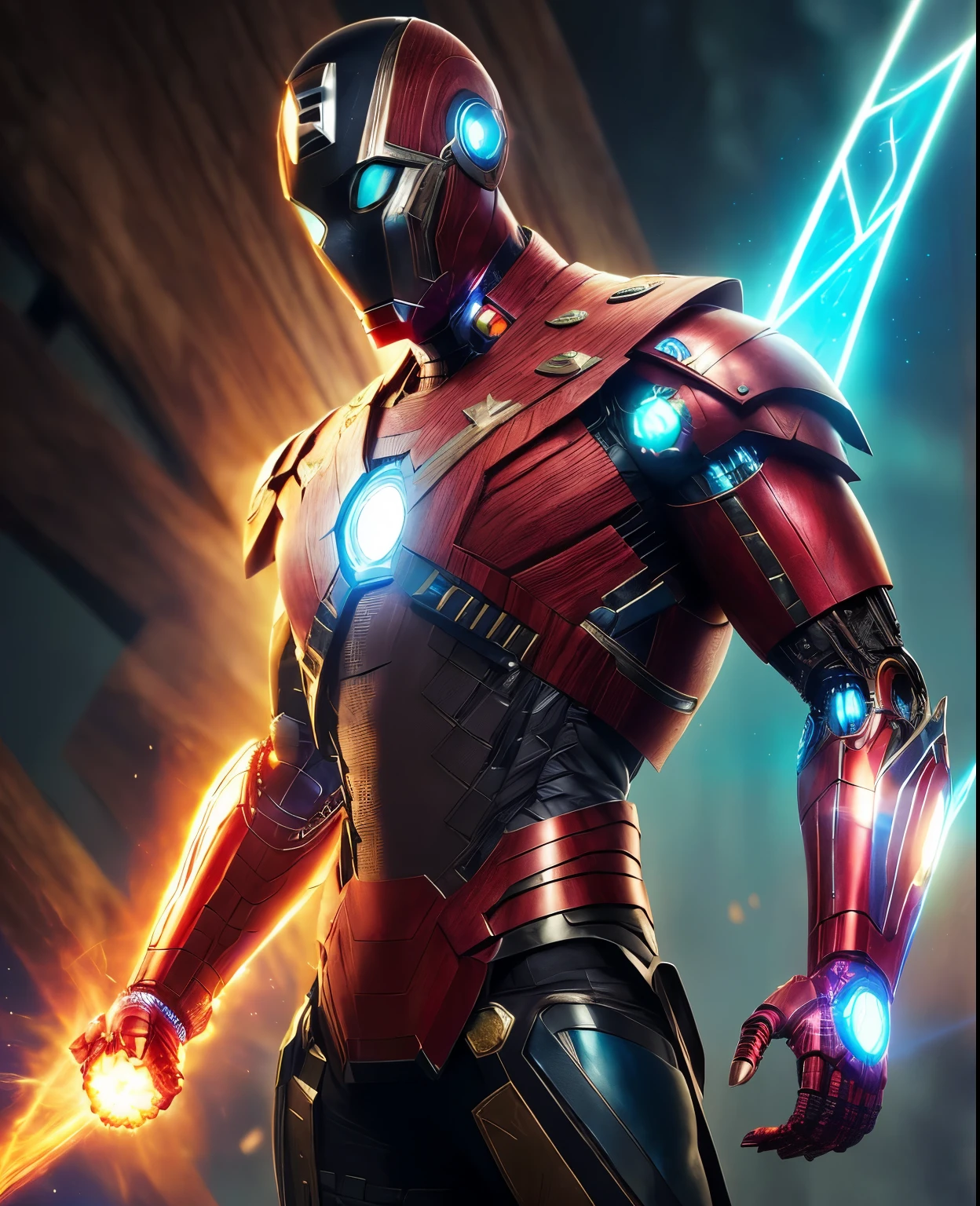 (extremamente detalhado 8k wallpaper), fechar-se ( masked cyborg with wooden inner body From Marvel dressed in gothic style: 1.3) emergindo da bela natureza, cores da natureza, extremamente detalhado, volumetric lighting