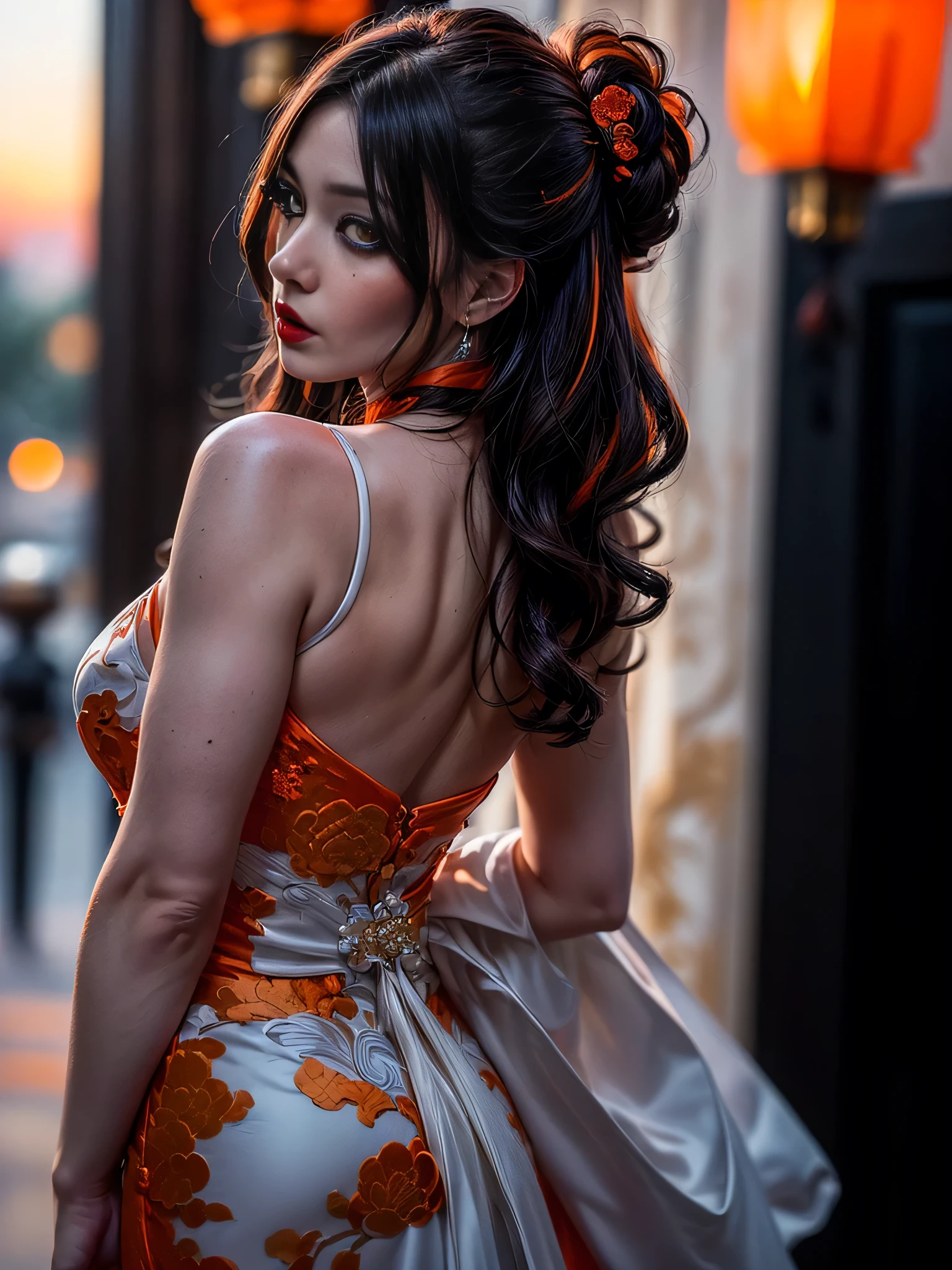 (masterpiece), (extremely intricate:1.3), (realistic), portrait of a muscular girl, ((((detailed woman, ((blackout gothic eye makeup, red lips, strong square cleft chin, arrogant, [flat chest:medium breasts:0.8]), long wavy [blonde hair:dark hair:0.2], (((bright orange white chinoiserie evening gown))), rear view, from behind)))), freckles:1.0, professional lighting, photon mapping, radiosity, physically based rendering, ultra resolution, hyper-realistic), metal reflections, upper body, outdoors, intense sunlight, far away castle, professional photograph of a stunning woman detailed, sharp focus, dramatic, award winning, cinematic lighting, volumetrics dtx, (film grain, blurry background, blurry foreground, bokeh, depth of field, sunset, interaction, photorealistic:1.4), 8K