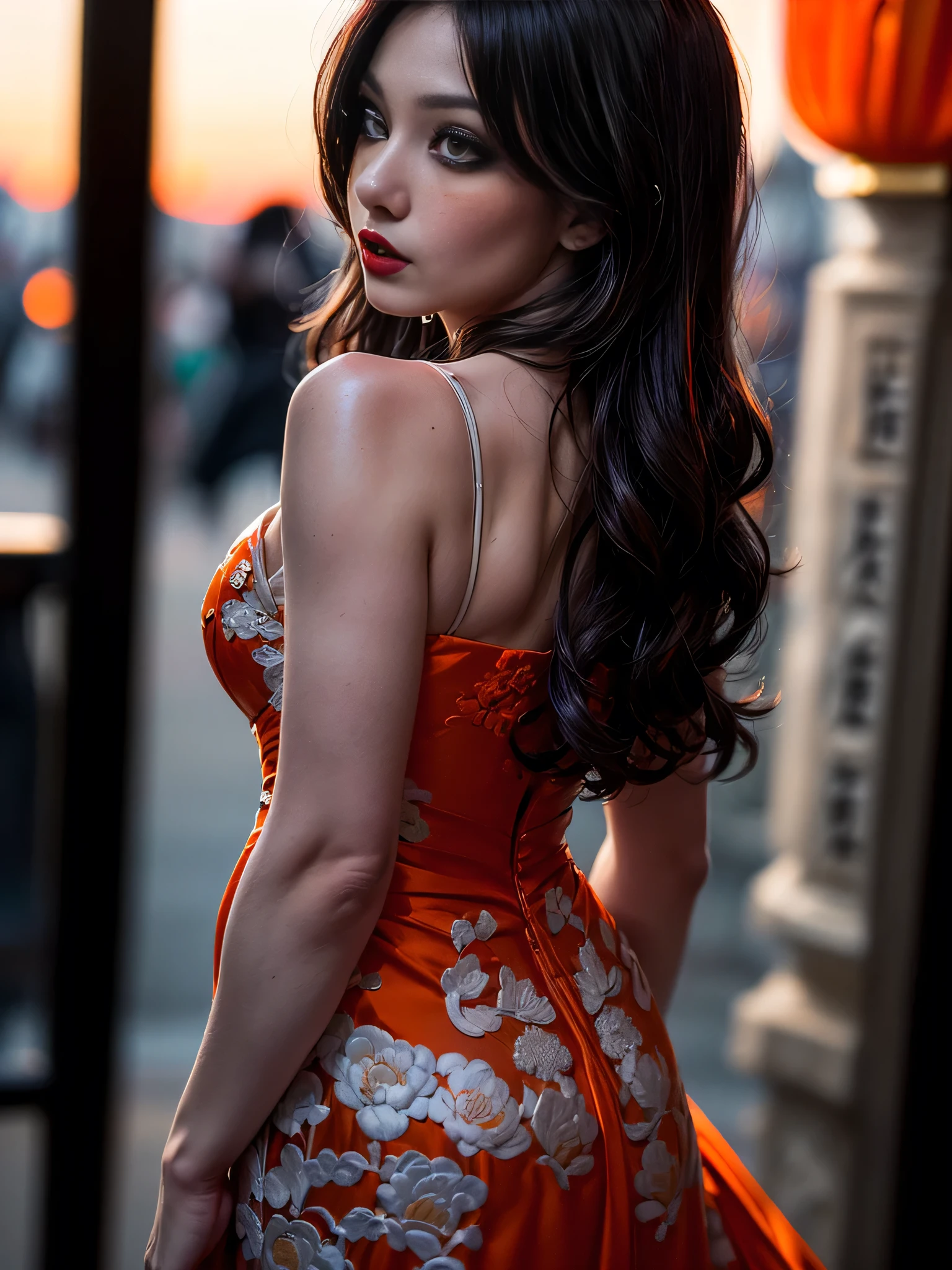 (masterpiece), (extremely intricate:1.3), (realistic), portrait of a muscular girl, ((((detailed woman, ((blackout gothic eye makeup, red lips, strong square cleft chin, arrogant, [flat chest:medium breasts:0.8]), long wavy [blonde hair:dark hair:0.2], (((bright orange white chinoiserie evening gown))), rear view, from behind)))), freckles:1.0, professional lighting, photon mapping, radiosity, physically based rendering, ultra resolution, hyper-realistic), metal reflections, upper body, outdoors, intense sunlight, far away castle, professional photograph of a stunning woman detailed, sharp focus, dramatic, award winning, cinematic lighting, volumetrics dtx, (film grain, blurry background, blurry foreground, bokeh, depth of field, sunset, interaction, photorealistic:1.4), 8K