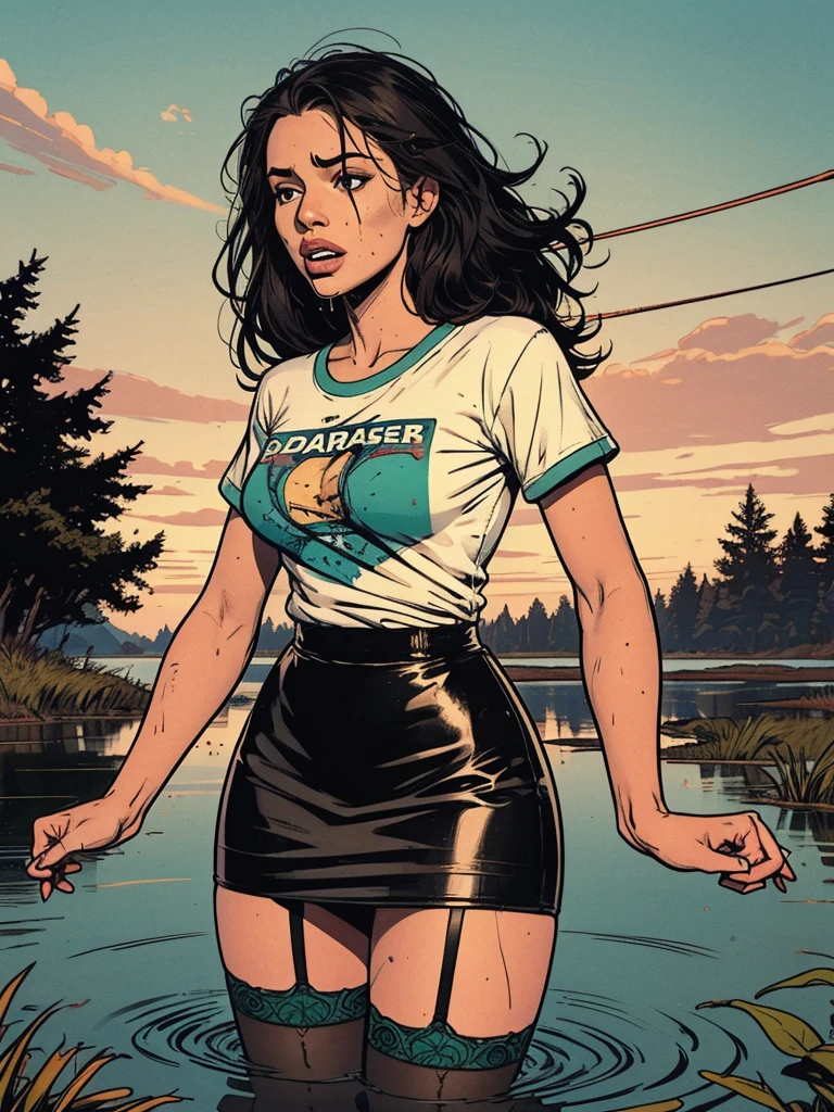 dynamic, desperate, tied-up hands:1.3, drowning in the middle of the bog, depraved, (young feminine facial features), orgasm, t-shirt, stockings with garters, pencil skirt, green,red, blue, morning sky,
